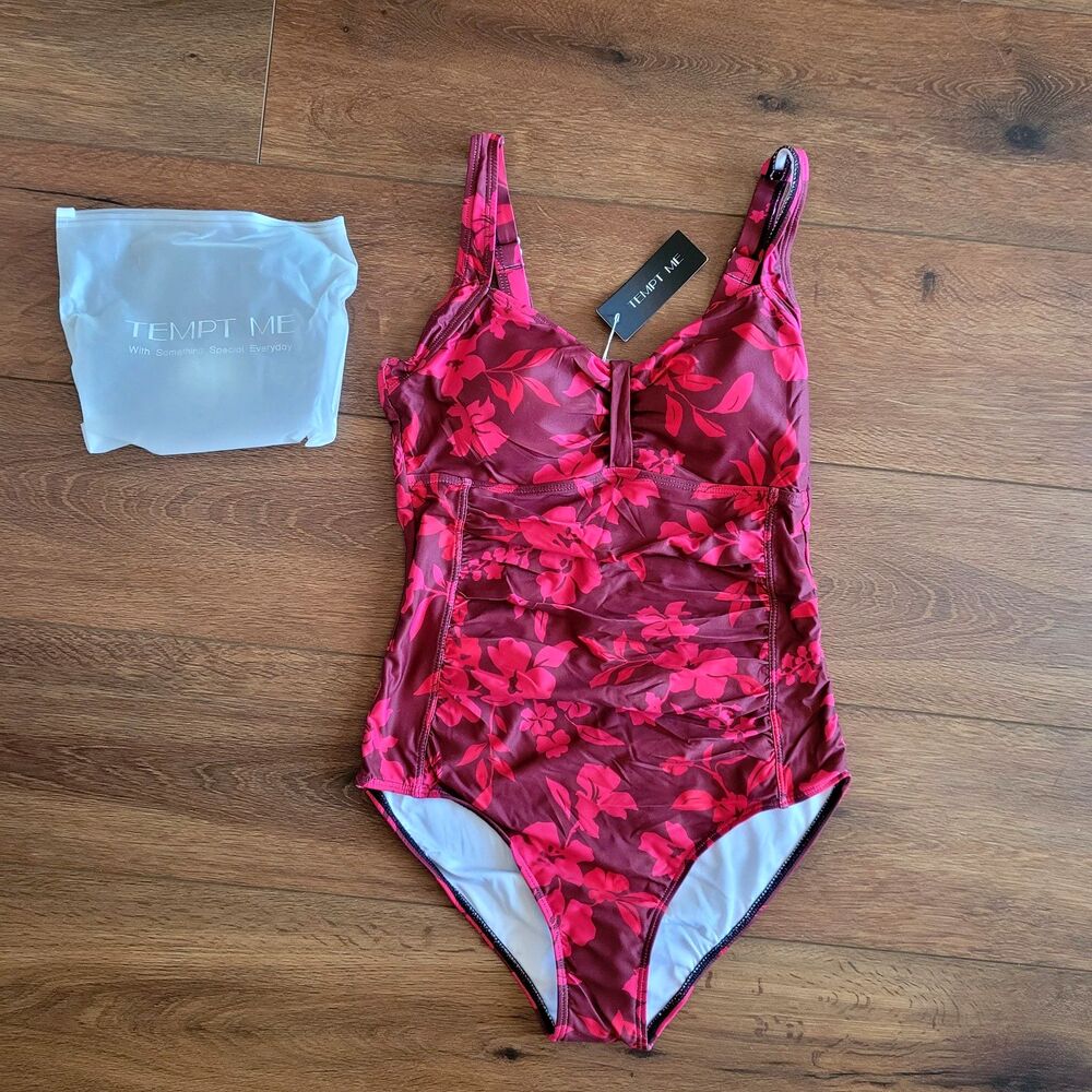 Tempt Me Women S Ruched Slimming One Piece Swimsuit Tummy Control Vintage NEW